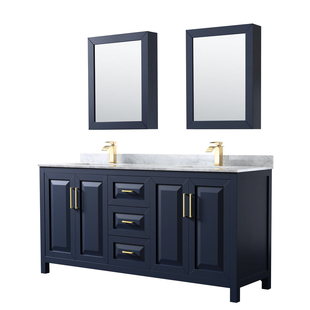 Wyndham Collection WCV252572DBLCMUNSMED Daria 72 Inch Double Bathroom Vanity in Dark Blue, White Carrara Marble Countertop, Undermount Square Sinks, Medicine Cabinets