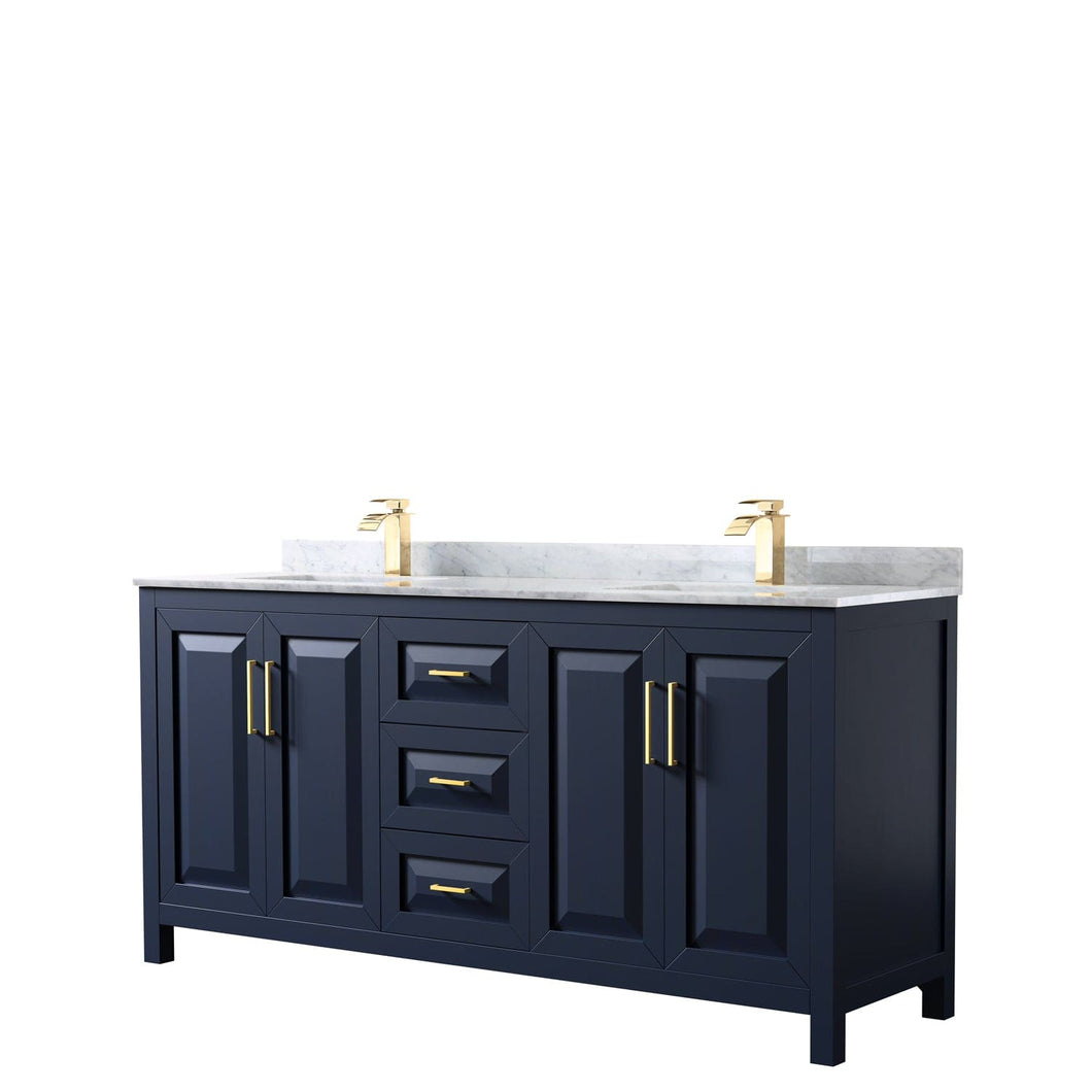 Wyndham Collection WCV252572DBLCMUNSMXX Daria 72 Inch Double Bathroom Vanity in Dark Blue, White Carrara Marble Countertop, Undermount Square Sinks, No Mirror
