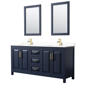 Wyndham Collection WCV252572DBLWCUNSM24 Daria 72 Inch Double Bathroom Vanity in Dark Blue, White Cultured Marble Countertop, Undermount Square Sinks, 24 Inch Mirrors