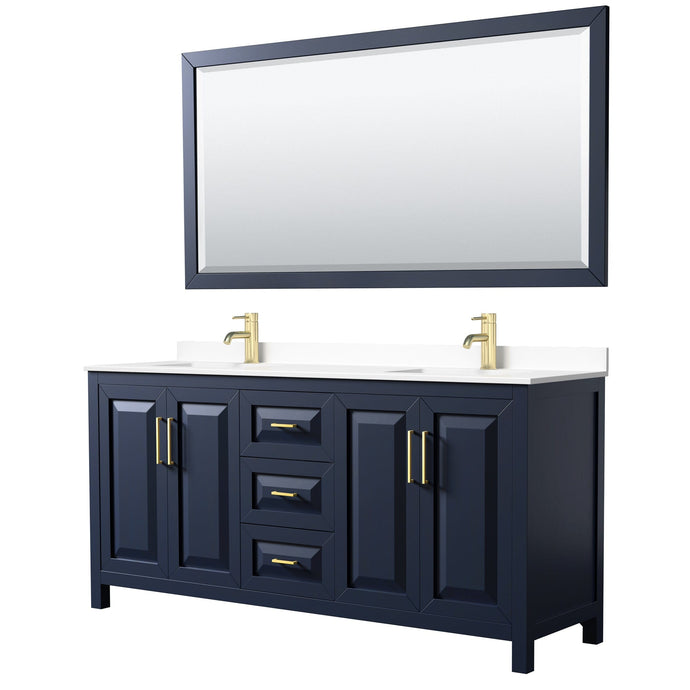 Wyndham Collection WCV252572DBLWCUNSM70 Daria 72 Inch Double Bathroom Vanity in Dark Blue, White Cultured Marble Countertop, Undermount Square Sinks, 70 Inch Mirror