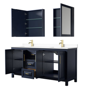 Wyndham Collection WCV252572DBLWCUNSMED Daria 72 Inch Double Bathroom Vanity in Dark Blue, White Cultured Marble Countertop, Undermount Square Sinks, Medicine Cabinets