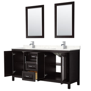 Wyndham Collection WCV252572DDEC2UNSM24 Daria 72 Inch Double Bathroom Vanity in Dark Espresso, Light-Vein Carrara Cultured Marble Countertop, Undermount Square Sinks, 24 Inch Mirrors