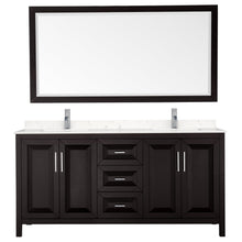 Load image into Gallery viewer, Wyndham Collection WCV252572DDEC2UNSM70 Daria 72 Inch Double Bathroom Vanity in Dark Espresso, Light-Vein Carrara Cultured Marble Countertop, Undermount Square Sinks, 70 Inch Mirror