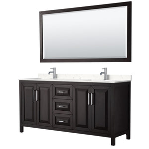 Wyndham Collection WCV252572DDEC2UNSM70 Daria 72 Inch Double Bathroom Vanity in Dark Espresso, Light-Vein Carrara Cultured Marble Countertop, Undermount Square Sinks, 70 Inch Mirror