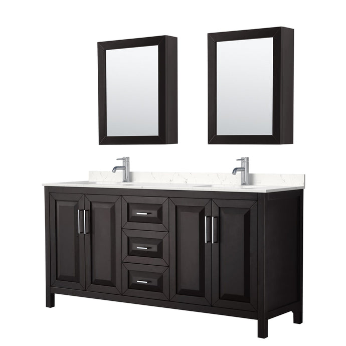 Wyndham Collection WCV252572DDEC2UNSMED Daria 72 Inch Double Bathroom Vanity in Dark Espresso, Light-Vein Carrara Cultured Marble Countertop, Undermount Square Sinks, Medicine Cabinets
