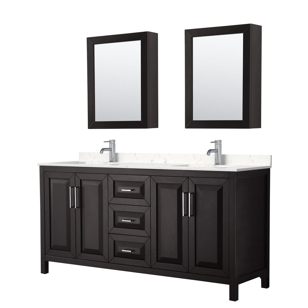 Wyndham Collection WCV252572DDEC2UNSMED Daria 72 Inch Double Bathroom Vanity in Dark Espresso, Light-Vein Carrara Cultured Marble Countertop, Undermount Square Sinks, Medicine Cabinets