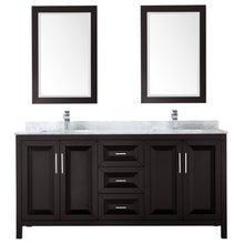 Load image into Gallery viewer, Wyndham Collection WCV252572DDECMUNSM24 Daria 72 Inch Double Bathroom Vanity in Dark Espresso, White Carrara Marble Countertop, Undermount Square Sinks, and 24 Inch Mirrors