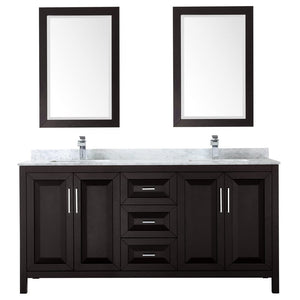 Wyndham Collection WCV252572DDECMUNSM24 Daria 72 Inch Double Bathroom Vanity in Dark Espresso, White Carrara Marble Countertop, Undermount Square Sinks, and 24 Inch Mirrors