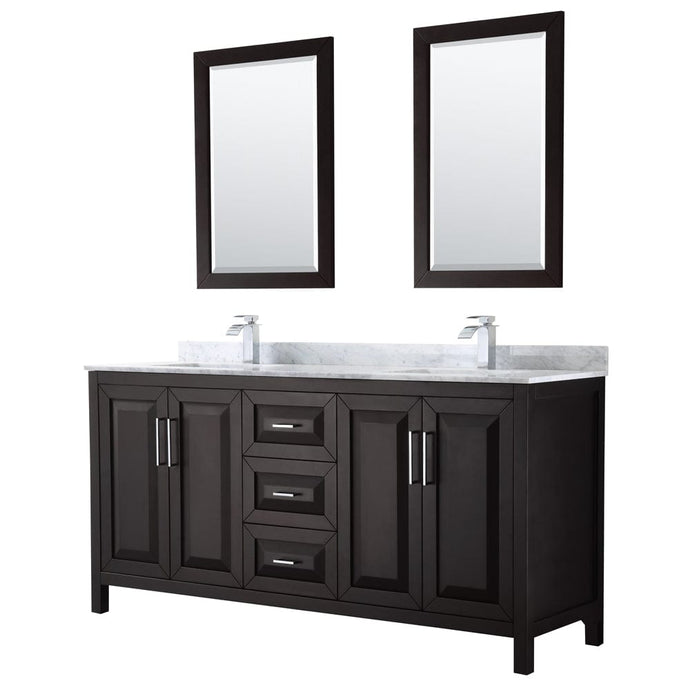Wyndham Collection WCV252572DDECMUNSM24 Daria 72 Inch Double Bathroom Vanity in Dark Espresso, White Carrara Marble Countertop, Undermount Square Sinks, and 24 Inch Mirrors