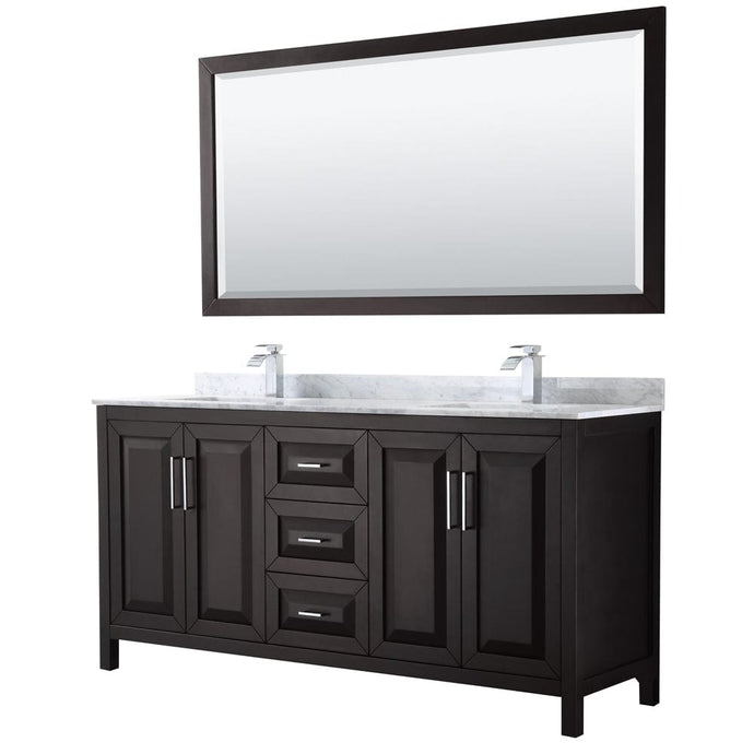 Wyndham Collection WCV252572DDECMUNSM70 Daria 72 Inch Double Bathroom Vanity in Dark Espresso, White Carrara Marble Countertop, Undermount Square Sinks, and 70 Inch Mirror