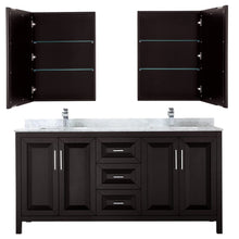 Load image into Gallery viewer, Wyndham Collection WCV252572DDECMUNSMED Daria 72 Inch Double Bathroom Vanity in Dark Espresso, White Carrara Marble Countertop, Undermount Square Sinks, and Medicine Cabinets