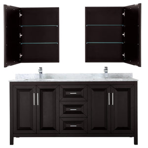 Wyndham Collection WCV252572DDECMUNSMED Daria 72 Inch Double Bathroom Vanity in Dark Espresso, White Carrara Marble Countertop, Undermount Square Sinks, and Medicine Cabinets