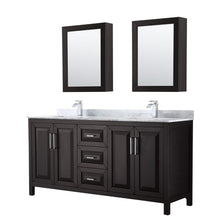 Load image into Gallery viewer, Wyndham Collection WCV252572DDECMUNSMED Daria 72 Inch Double Bathroom Vanity in Dark Espresso, White Carrara Marble Countertop, Undermount Square Sinks, and Medicine Cabinets