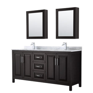 Wyndham Collection WCV252572DDECMUNSMED Daria 72 Inch Double Bathroom Vanity in Dark Espresso, White Carrara Marble Countertop, Undermount Square Sinks, and Medicine Cabinets