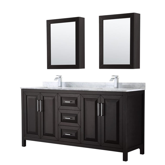 Wyndham Collection WCV252572DDECMUNSMED Daria 72 Inch Double Bathroom Vanity in Dark Espresso, White Carrara Marble Countertop, Undermount Square Sinks, and Medicine Cabinets