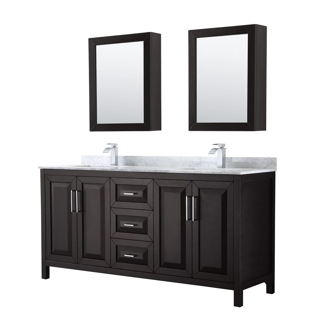 Wyndham Collection WCV252572DDECMUNSMED Daria 72 Inch Double Bathroom Vanity in Dark Espresso, White Carrara Marble Countertop, Undermount Square Sinks, and Medicine Cabinets