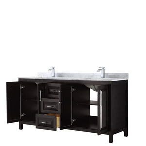 Wyndham Collection WCV252572DDECMUNSMXX Daria 72 Inch Double Bathroom Vanity in Dark Espresso, White Carrara Marble Countertop, Undermount Square Sinks, and No Mirror