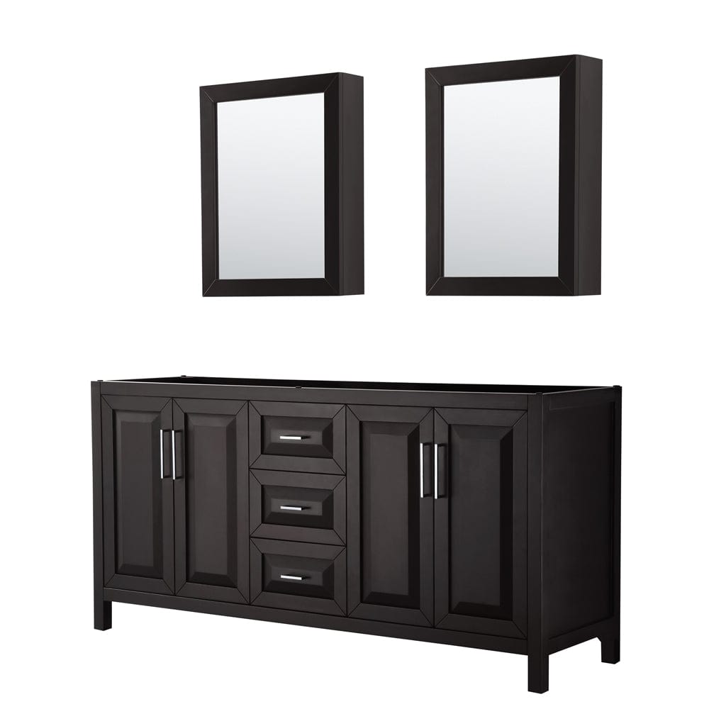Wyndham Collection WCV252572DDECXSXXMED Daria 72 Inch Double Bathroom Vanity in Dark Espresso, No Countertop, No Sink, and Medicine Cabinets