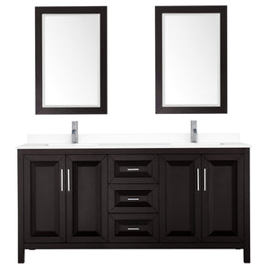 Wyndham Collection WCV252572DDEWCUNSM24 Daria 72 Inch Double Bathroom Vanity in Dark Espresso, White Cultured Marble Countertop, Undermount Square Sinks, 24 Inch Mirrors