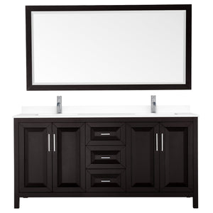 Wyndham Collection WCV252572DDEWCUNSM70 Daria 72 Inch Double Bathroom Vanity in Dark Espresso, White Cultured Marble Countertop, Undermount Square Sinks, 70 Inch Mirror