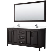 Load image into Gallery viewer, Wyndham Collection WCV252572DDEWCUNSM70 Daria 72 Inch Double Bathroom Vanity in Dark Espresso, White Cultured Marble Countertop, Undermount Square Sinks, 70 Inch Mirror
