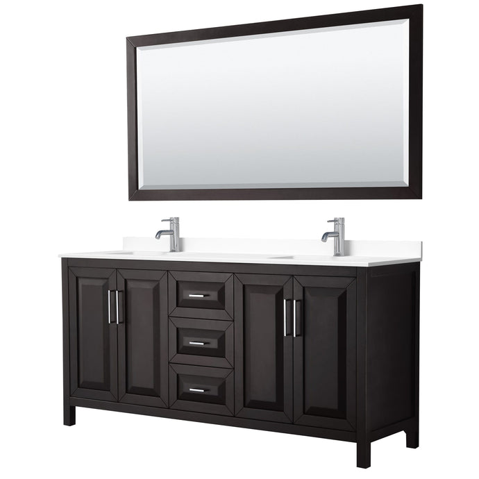 Wyndham Collection WCV252572DDEWCUNSM70 Daria 72 Inch Double Bathroom Vanity in Dark Espresso, White Cultured Marble Countertop, Undermount Square Sinks, 70 Inch Mirror