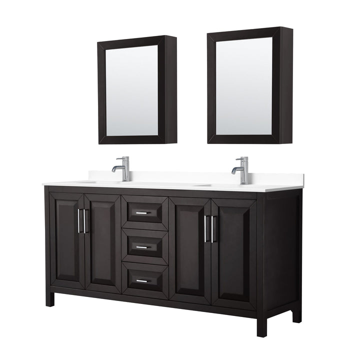 Wyndham Collection WCV252572DDEWCUNSMED Daria 72 Inch Double Bathroom Vanity in Dark Espresso, White Cultured Marble Countertop, Undermount Square Sinks, Medicine Cabinets