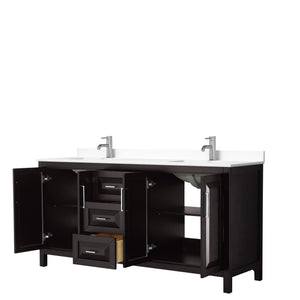 Wyndham Collection WCV252572DDEWCUNSMXX Daria 72 Inch Double Bathroom Vanity in Dark Espresso, White Cultured Marble Countertop, Undermount Square Sinks, No Mirror