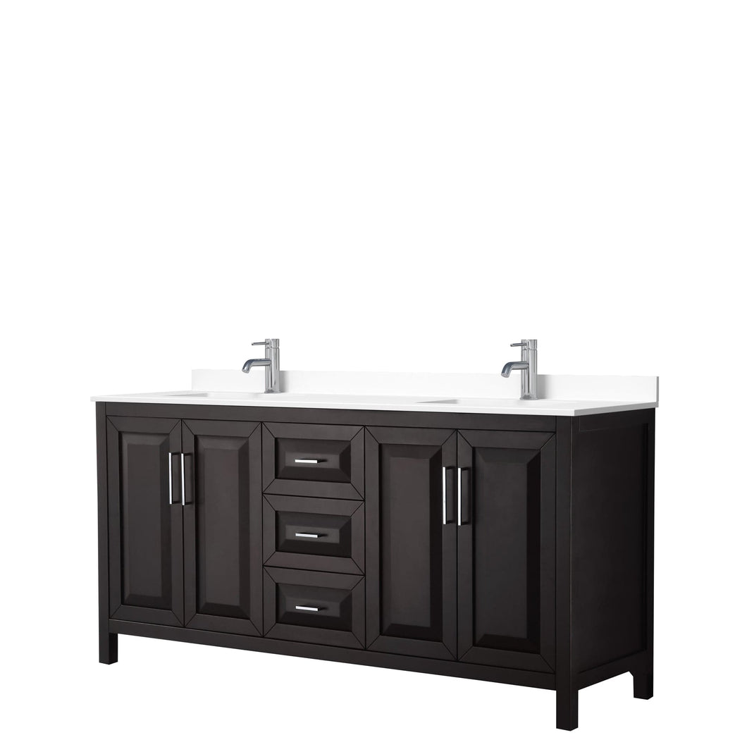Wyndham Collection WCV252572DDEWCUNSMXX Daria 72 Inch Double Bathroom Vanity in Dark Espresso, White Cultured Marble Countertop, Undermount Square Sinks, No Mirror