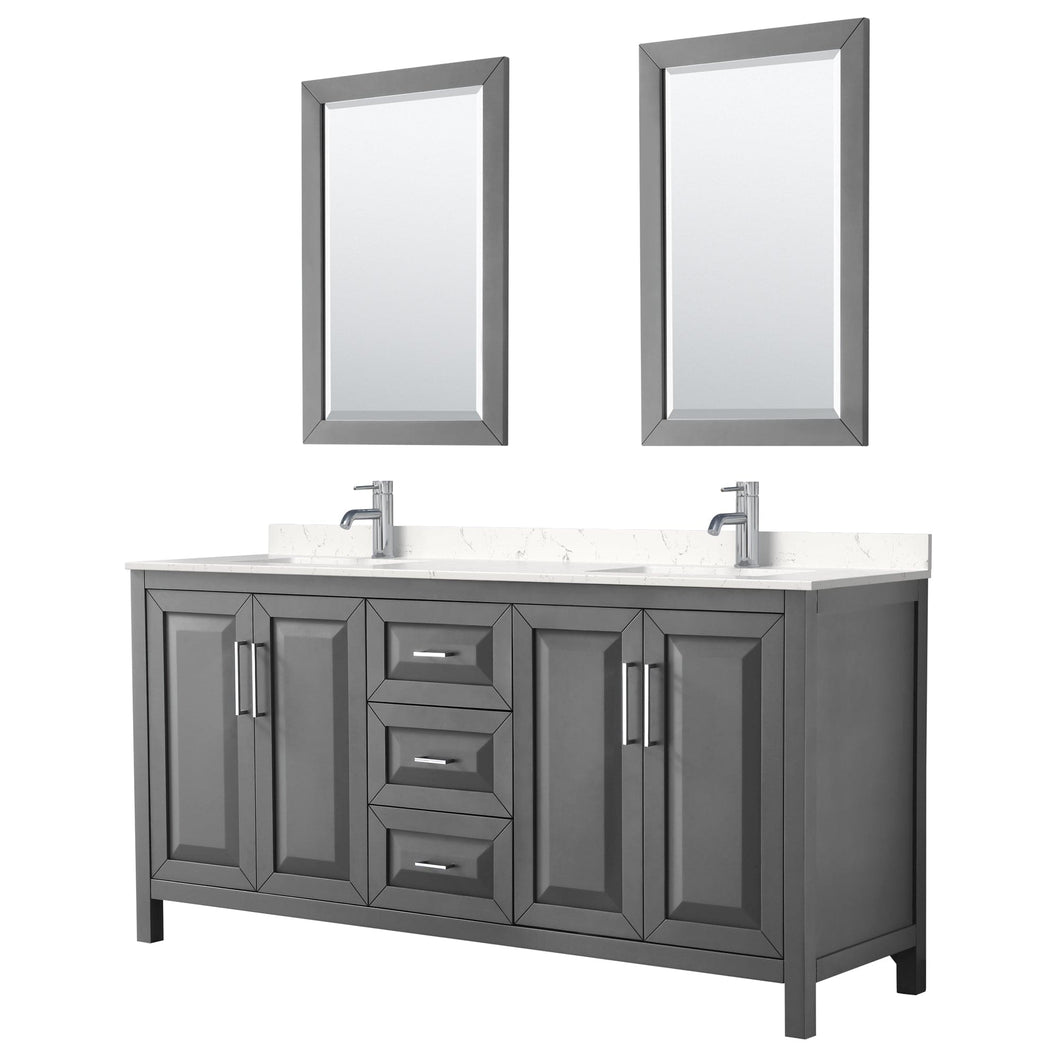 Wyndham Collection WCV252572DKGC2UNSM24 Daria 72 Inch Double Bathroom Vanity in Dark Gray, Light-Vein Carrara Cultured Marble Countertop, Undermount Square Sinks, 24 Inch Mirrors