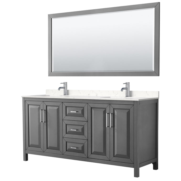 Wyndham Collection WCV252572DKGC2UNSM70 Daria 72 Inch Double Bathroom Vanity in Dark Gray, Light-Vein Carrara Cultured Marble Countertop, Undermount Square Sinks, 70 Inch Mirror