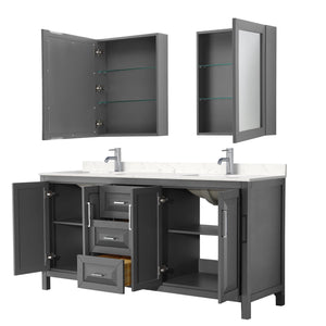 Wyndham Collection WCV252572DKGC2UNSMED Daria 72 Inch Double Bathroom Vanity in Dark Gray, Light-Vein Carrara Cultured Marble Countertop, Undermount Square Sinks, Medicine Cabinets