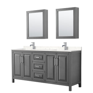 Wyndham Collection WCV252572DKGC2UNSMED Daria 72 Inch Double Bathroom Vanity in Dark Gray, Light-Vein Carrara Cultured Marble Countertop, Undermount Square Sinks, Medicine Cabinets