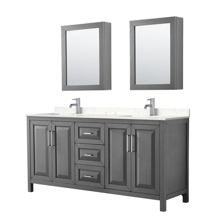 Wyndham Collection WCV252572DKGC2UNSMED Daria 72 Inch Double Bathroom Vanity in Dark Gray, Light-Vein Carrara Cultured Marble Countertop, Undermount Square Sinks, Medicine Cabinets