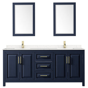 Wyndham Collection WCV252580DBLC2UNSM24 Daria 80 Inch Double Bathroom Vanity in Dark Blue, Light-Vein Carrara Cultured Marble Countertop, Undermount Square Sinks, 24 Inch Mirrors