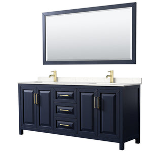 Wyndham Collection WCV252580DBLC2UNSM70 Daria 80 Inch Double Bathroom Vanity in Dark Blue, Light-Vein Carrara Cultured Marble Countertop, Undermount Square Sinks, 70 Inch Mirror