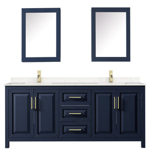 Wyndham Collection WCV252580DBLC2UNSMED Daria 80 Inch Double Bathroom Vanity in Dark Blue, Light-Vein Carrara Cultured Marble Countertop, Undermount Square Sinks, Medicine Cabinets