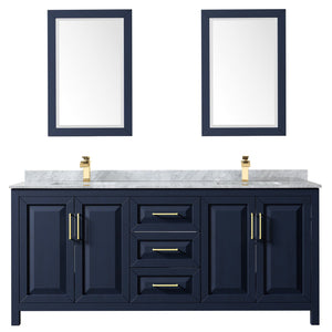 Wyndham Collection WCV252580DBLCMUNSM24 Daria 80 Inch Double Bathroom Vanity in Dark Blue, White Carrara Marble Countertop, Undermount Square Sinks, 24 Inch Mirrors