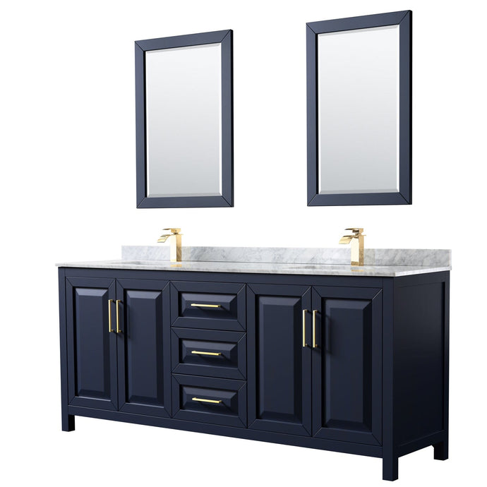 Wyndham Collection WCV252580DBLCMUNSM24 Daria 80 Inch Double Bathroom Vanity in Dark Blue, White Carrara Marble Countertop, Undermount Square Sinks, 24 Inch Mirrors