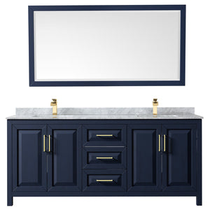 Wyndham Collection WCV252580DBLCMUNSM70 Daria 80 Inch Double Bathroom Vanity in Dark Blue, White Carrara Marble Countertop, Undermount Square Sinks, 70 Inch Mirror
