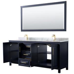 Wyndham Collection WCV252580DBLCMUNSM70 Daria 80 Inch Double Bathroom Vanity in Dark Blue, White Carrara Marble Countertop, Undermount Square Sinks, 70 Inch Mirror