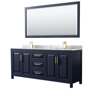 Wyndham Collection WCV252580DBLCMUNSM70 Daria 80 Inch Double Bathroom Vanity in Dark Blue, White Carrara Marble Countertop, Undermount Square Sinks, 70 Inch Mirror