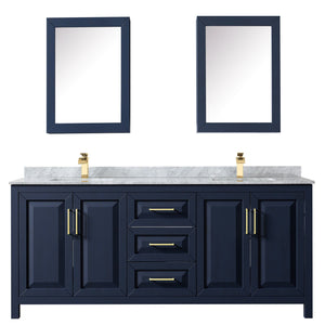 Wyndham Collection WCV252580DBLCMUNSMED Daria 80 Inch Double Bathroom Vanity in Dark Blue, White Carrara Marble Countertop, Undermount Square Sinks, Medicine Cabinets