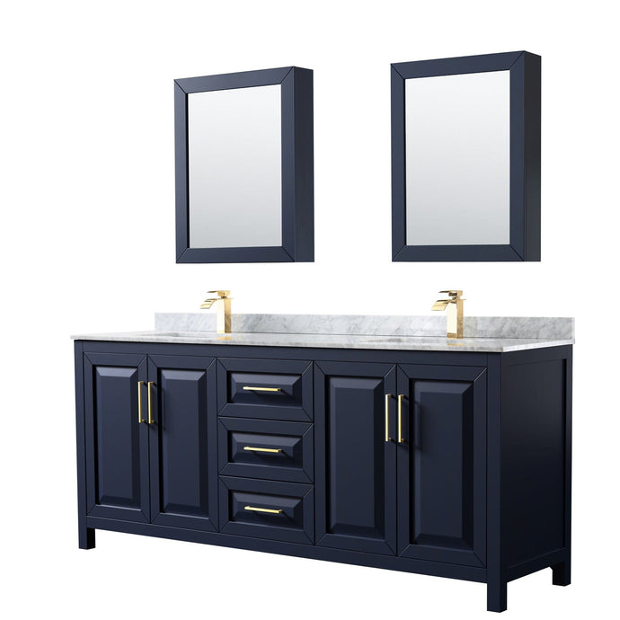 Wyndham Collection WCV252580DBLCMUNSMED Daria 80 Inch Double Bathroom Vanity in Dark Blue, White Carrara Marble Countertop, Undermount Square Sinks, Medicine Cabinets