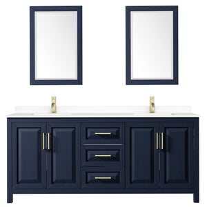 Wyndham Collection WCV252580DBLWCUNSM24 Daria 80 Inch Double Bathroom Vanity in Dark Blue, White Cultured Marble Countertop, Undermount Square Sinks, 24 Inch Mirrors