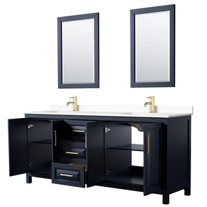 Wyndham Collection WCV252580DBLWCUNSM24 Daria 80 Inch Double Bathroom Vanity in Dark Blue, White Cultured Marble Countertop, Undermount Square Sinks, 24 Inch Mirrors