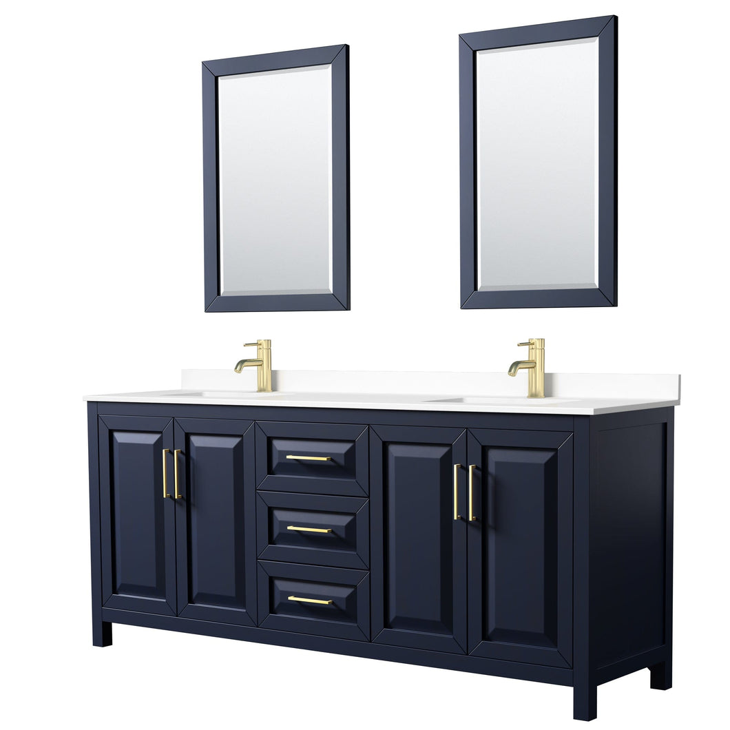 Wyndham Collection WCV252580DBLWCUNSM24 Daria 80 Inch Double Bathroom Vanity in Dark Blue, White Cultured Marble Countertop, Undermount Square Sinks, 24 Inch Mirrors
