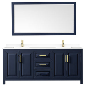 Wyndham Collection WCV252580DBLWCUNSM70 Daria 80 Inch Double Bathroom Vanity in Dark Blue, White Cultured Marble Countertop, Undermount Square Sinks, 70 Inch Mirror