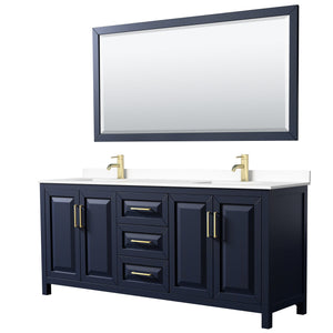 Wyndham Collection WCV252580DBLWCUNSM70 Daria 80 Inch Double Bathroom Vanity in Dark Blue, White Cultured Marble Countertop, Undermount Square Sinks, 70 Inch Mirror