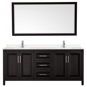 Wyndham Collection WCV252580DDEC2UNSM70 Daria 80 Inch Double Bathroom Vanity in Dark Espresso, Light-Vein Carrara Cultured Marble Countertop, Undermount Square Sinks, 70 Inch Mirror
